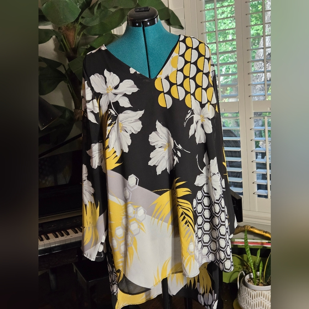 Alfani High/Low Tropical Black &Yellow Women's Sheer Top w/ Lining Size 1X
